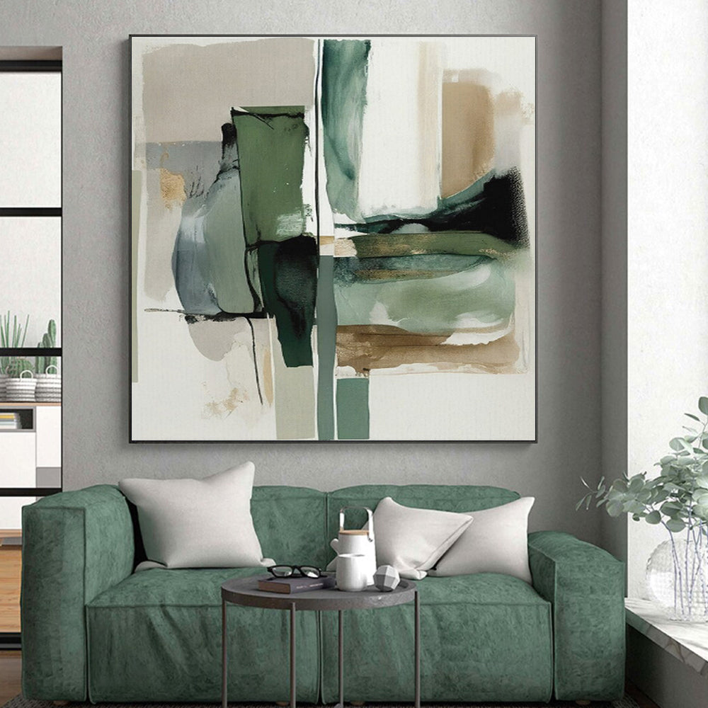 “Green & Gray Abstract Fusion” - Green, Gray, White, Gold Abstract Painting On Canvas PS0758