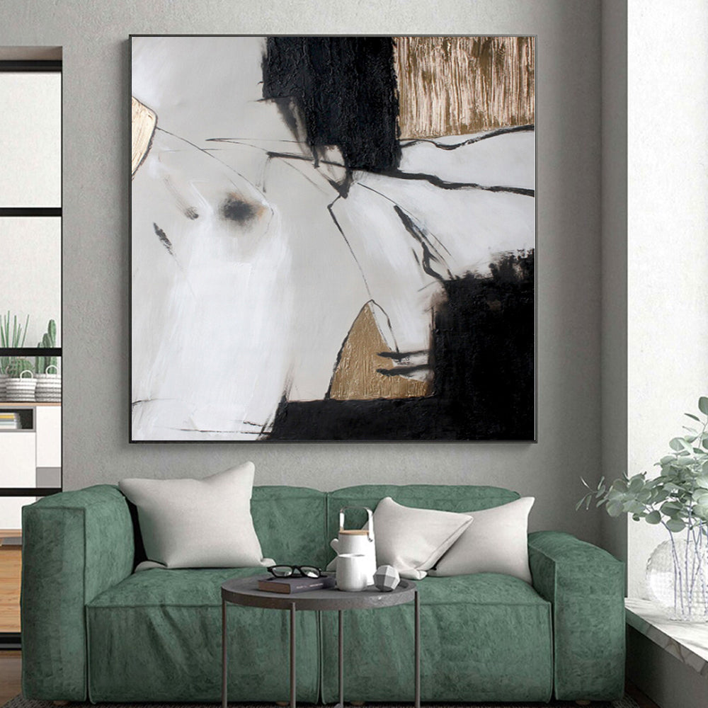 “Monochrome Abstract with Gold Accents” - Minimalist Abstract Painting On Canvas PS0255