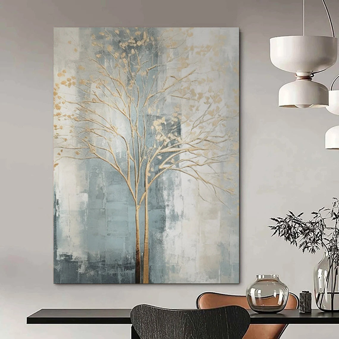 “Gold Tree on Gray - Blue Abstract” - Modern Abstract Painting On Canvas PT1838