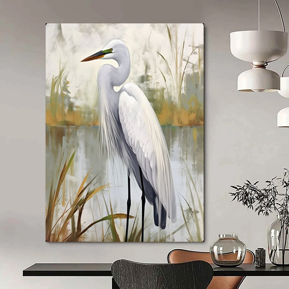 White Egret in Soft Hues, Realism with Sargent's Touch, Wildlife Painting On Canvas PT2127