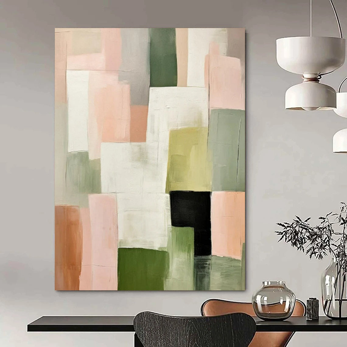 “Blush and Green Geometric Abstract” - Minimalist Geometric Painting On Canvas PT2260
