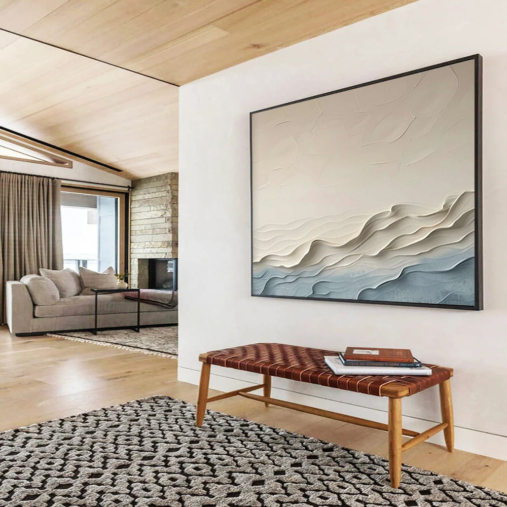 “Beige & Blue Textured Waves” - 3D Abstract Landscape Painting On Canvas PT251