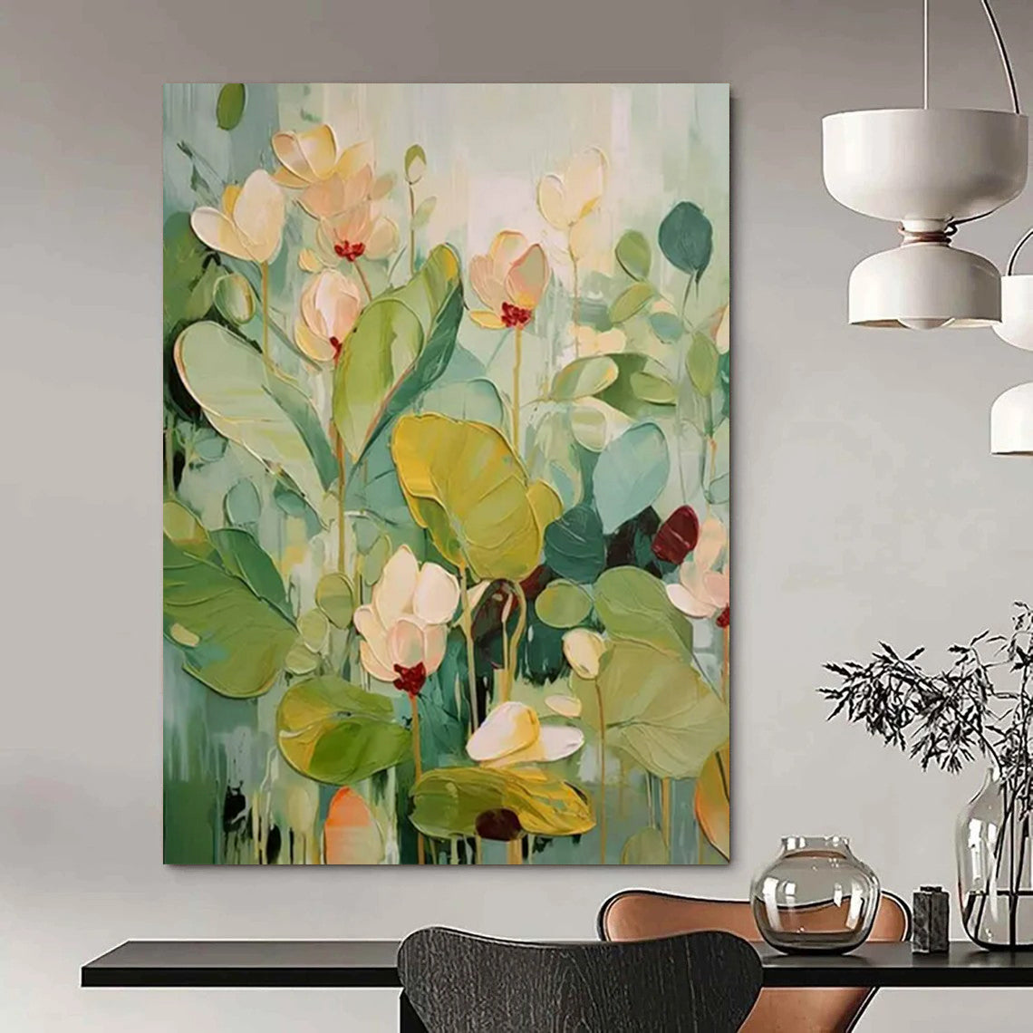 “Soft Green and White Florals” - Impasto Floral Painting On Canvas PT2236