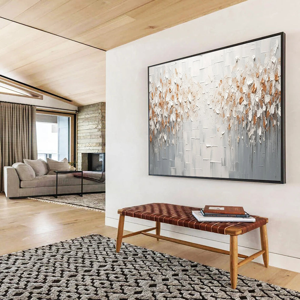 White & Gold Textured Floral Abstract Painting On Canvas DKS047