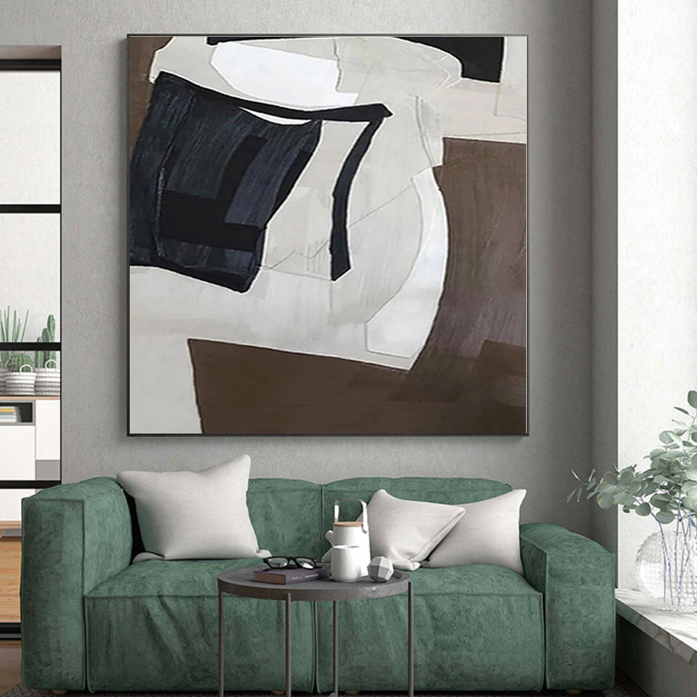 “Monochrome Geometric Forms” - Black, White, Brown Abstract Geometric Painting On Canvas PS0557