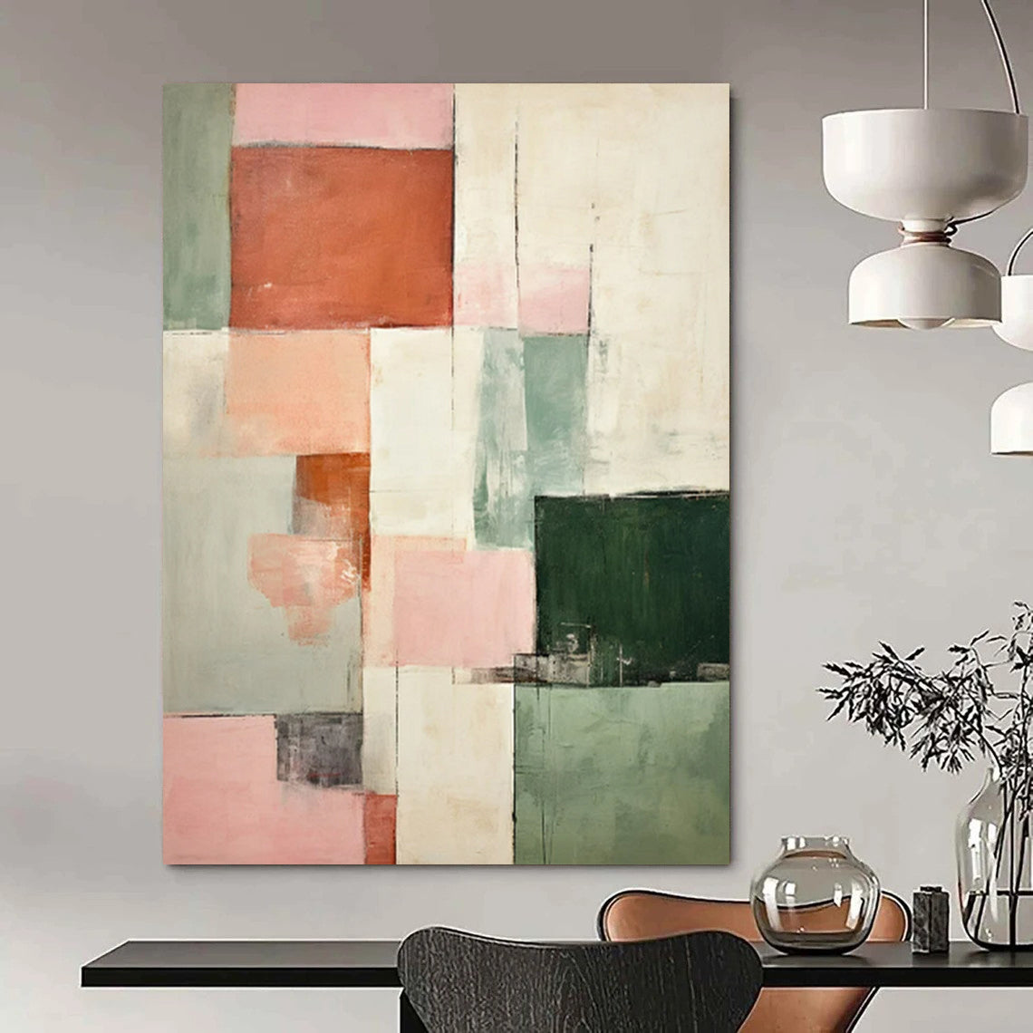 “Pink - Green Cubist Abstract” - Soft Cubist Abstract Painting On Canvas PT2299