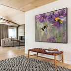 “Buzzing Bee & Flower Delight” - Purple Floral, Impressionistic Insect Painting On Canvas DKS718