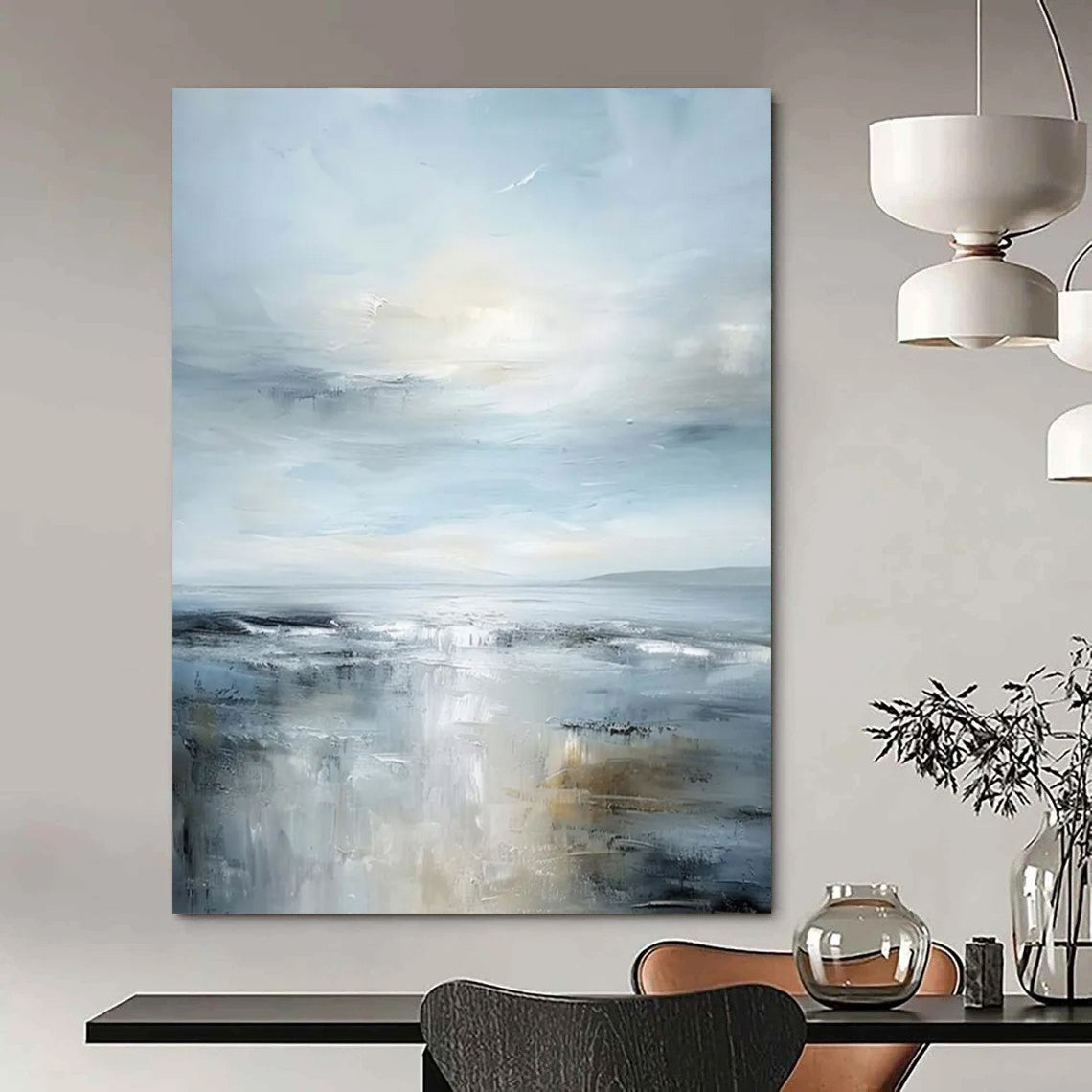 Soft Blue - Gray Calm Seascape Impressionistic Landscape Painting On Canvas DS059