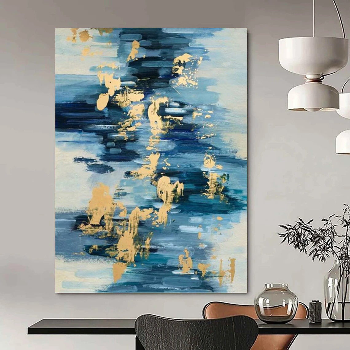 “Blue and Gold Strokes: Abstract Water - Inspired Painting” - Energetic Abstract Painting On Canvas PT0931