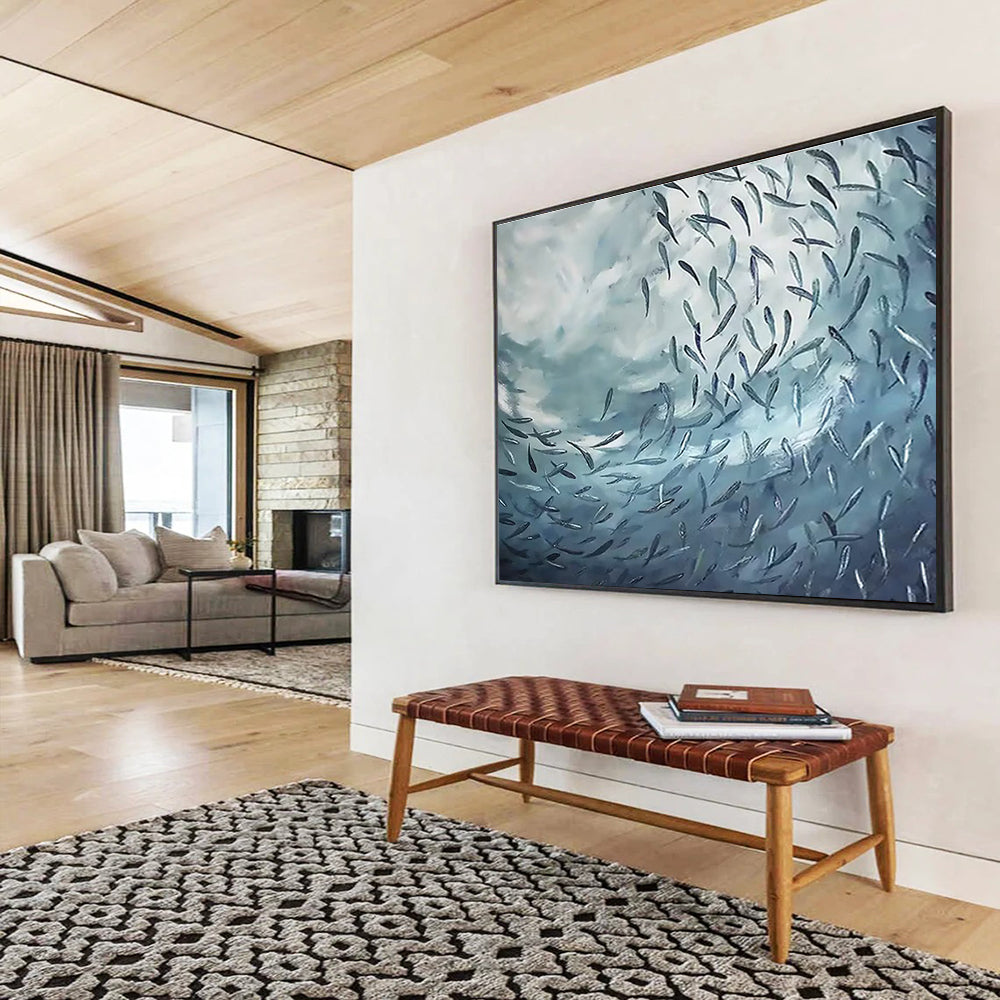 “School of Fish in Blue” - Impressionistic Oil Painting On Canvas DKS792