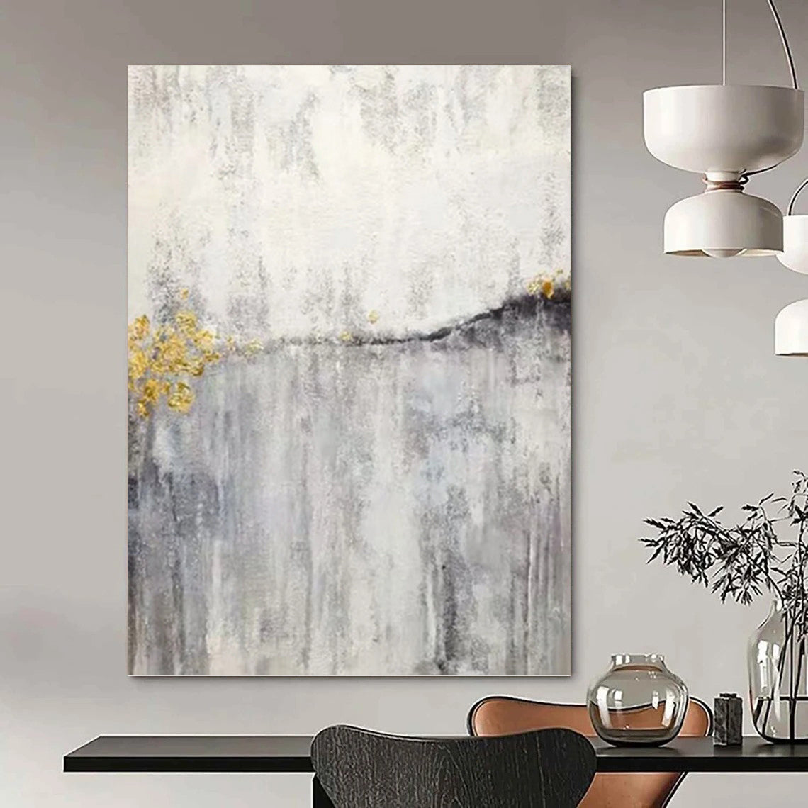 “Grey - Gold Abstract Streaks” - Impasto Abstract Painting On Canvas PT1173