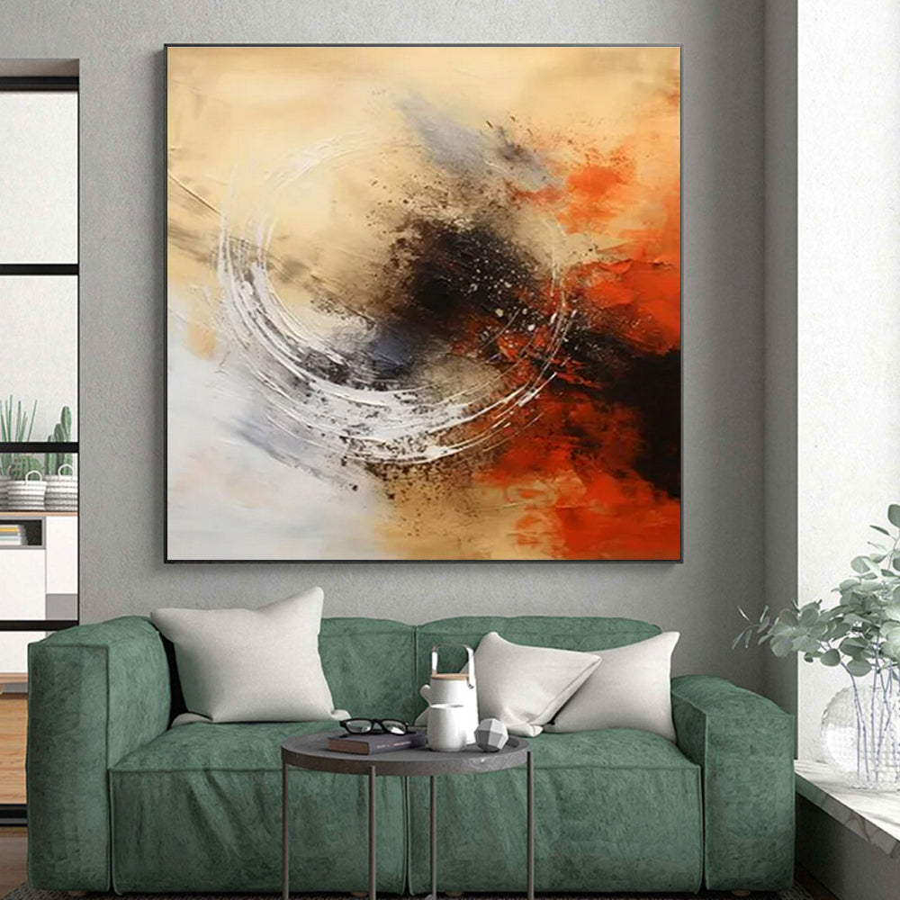 Beige, Grey, Black & Orange Abstract Circle Painting On Canvas PS0828
