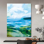“Vibrant Coastal Abstraction” - Bold Blues & Greens Seascapes Painting On Canvas DS183