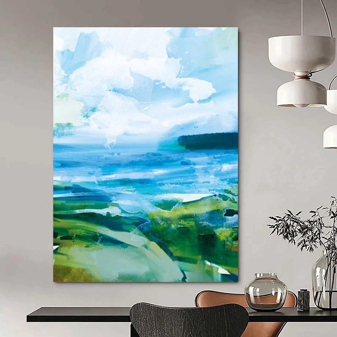 “Vibrant Coastal Abstraction” - Bold Blues & Greens Seascapes Painting On Canvas DS183