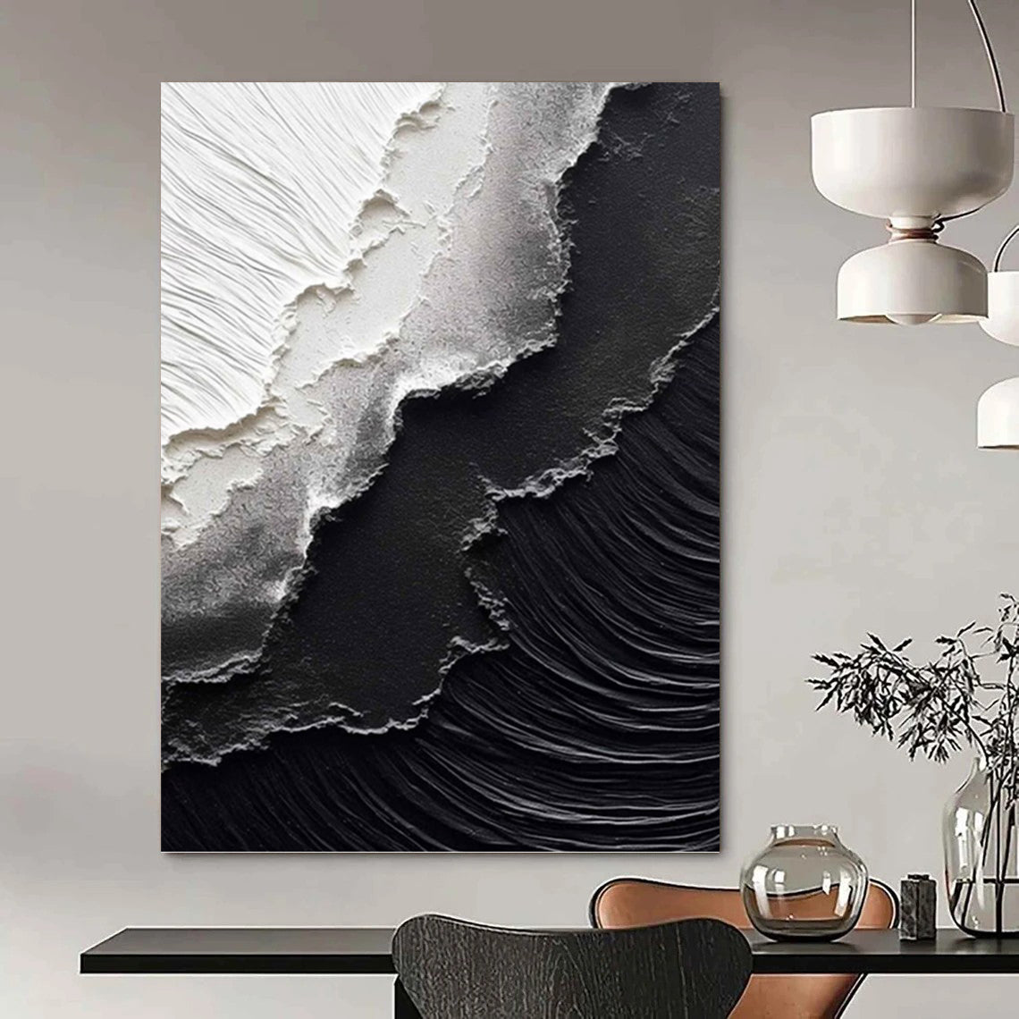 “Black & White Textured Abstraction” - Minimalist, Textural Painting On Canvas PT1475