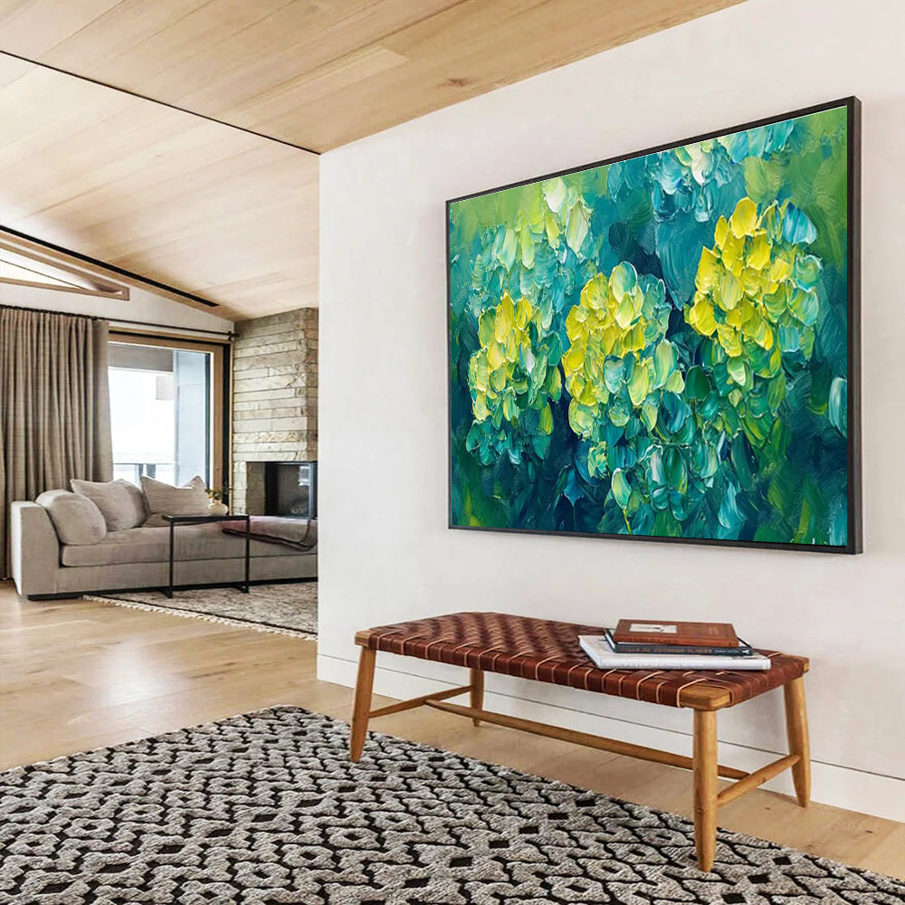 “Yellow Flowers in Green” - Impasto Oil Painting On Canvas DKS799