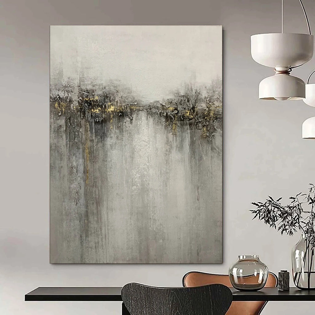 “Gray - Gold Abstract Landscape” - Textured Landscape Painting On Canvas PT1970