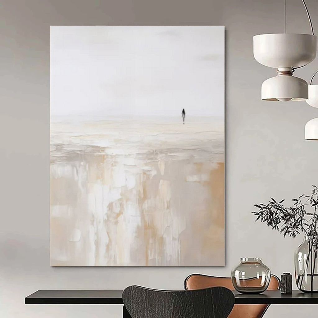 Beige, White with Solitary Figure "Lonely Stroll" Abstract Painting On Canvas PS1312