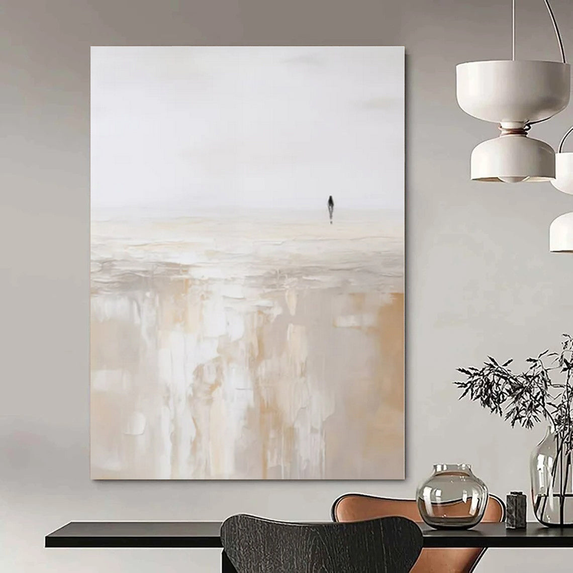 Beige, White with Solitary Figure "Lonely Stroll" Abstract Painting On Canvas PS1312