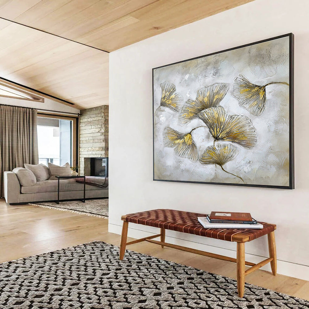 “Gilded Ginkgo Leaves” - Gray, Gold & White Floral, Mixed - Media Painting On Canvas DKS790