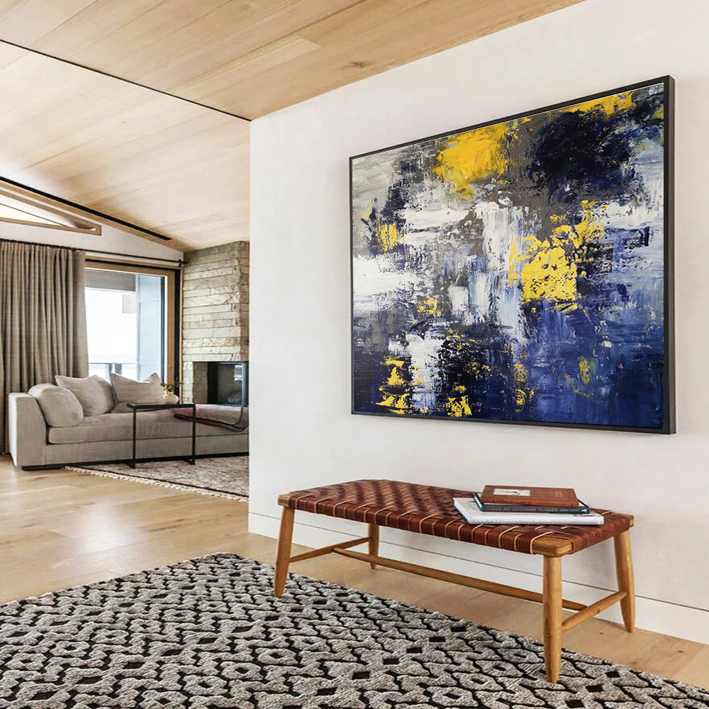 Yellow Splash: Blue, Yellow & Gray Abstract Expressionist Painting for Modern Living Room & Artistic Café DKS649