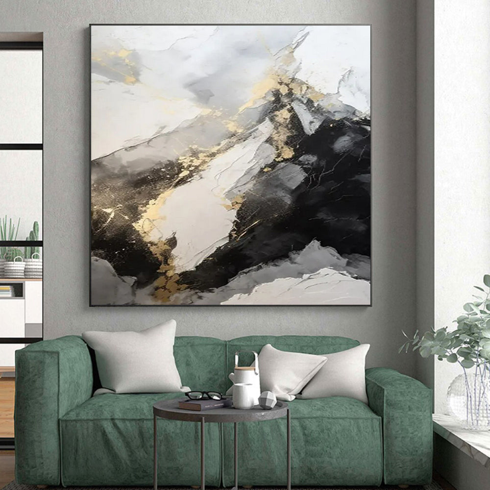 White, Gray, Black & Gold Abstract "Marble Peaks" Painting On Canvas PS0871