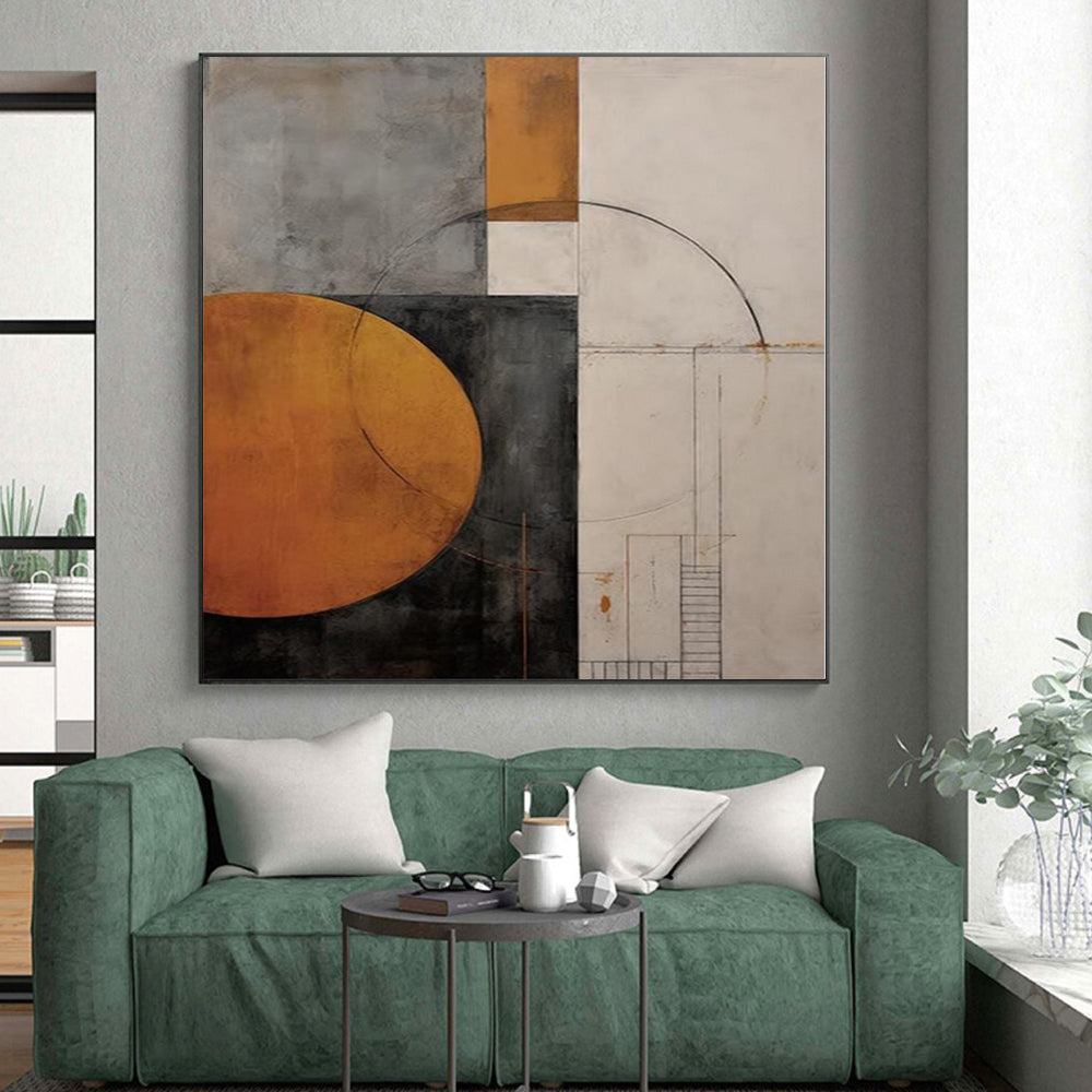 “Geometric Abstract with Warm Circles and Lines” - Constructivist Abstract Painting On Canvas PS0246