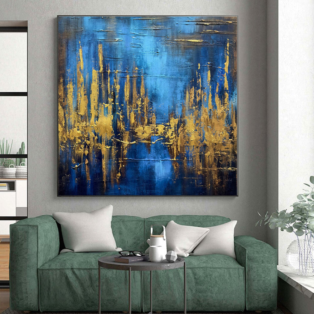 “Blue - Gold Abstract Forest” - Blue, Gold Abstract Painting On Canvas PS0449