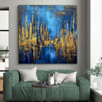 “Blue - Gold Abstract Forest” - Blue, Gold Abstract Painting On Canvas PS0449