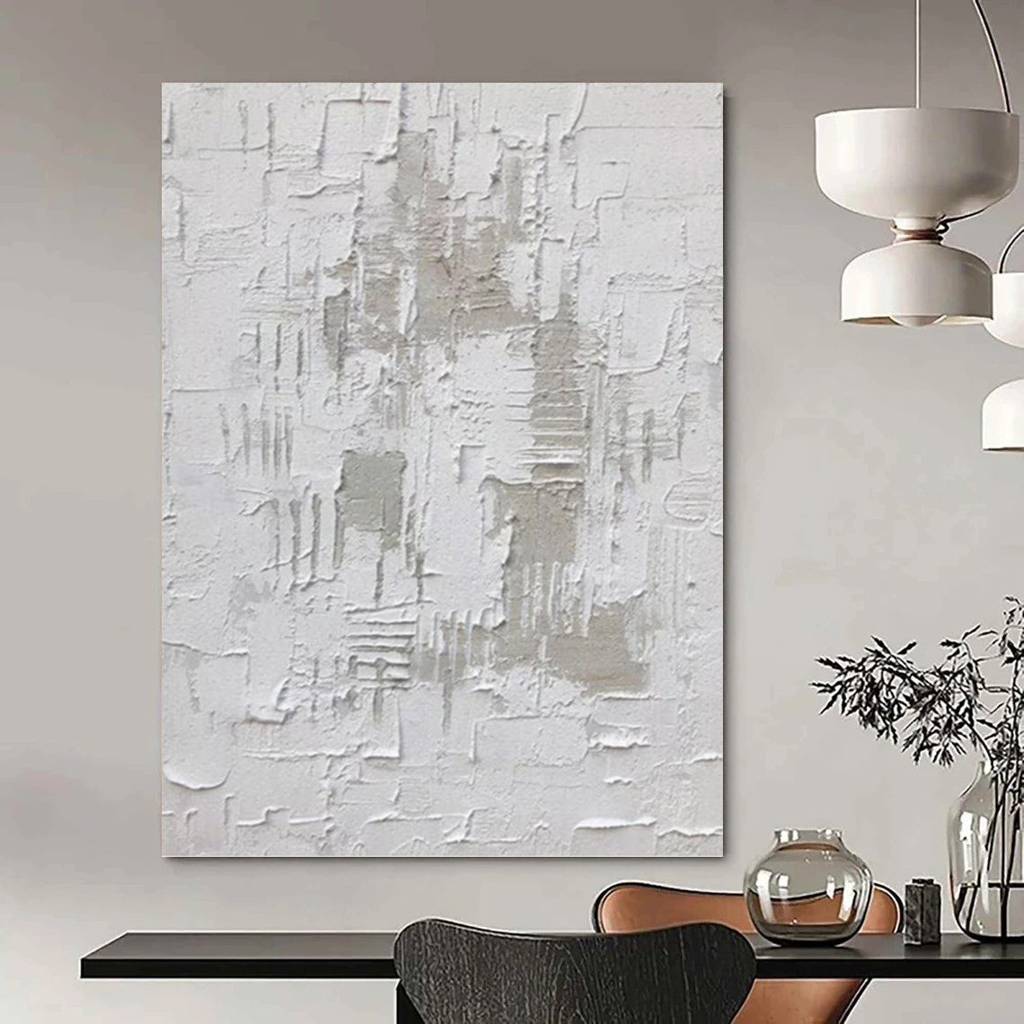 “White Textured Minimalism” - Monochromatic, Textured Abstract Painting On Canvas PT1063