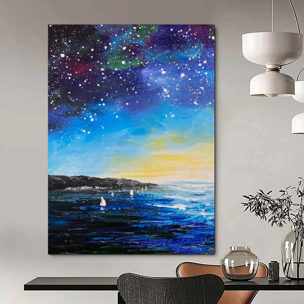 “Starry Night Ocean with Sailboats” - Impressionist Night Sky Painting On Canvas PT1901