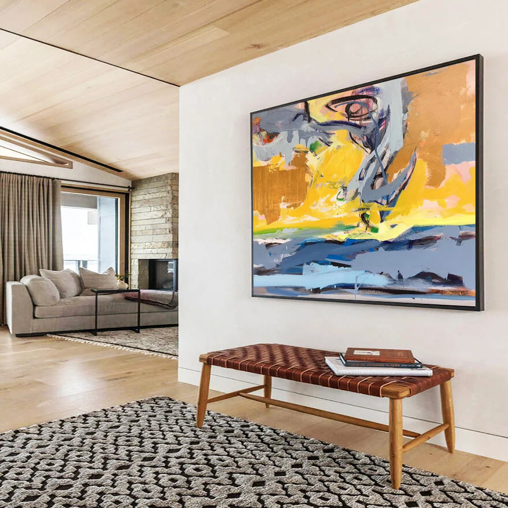 “Dynamic Abstract Coastal in Yellows, Grays & Blues” - Energetic Modern Oil Painting On Canvas PT034