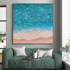 “Turquoise - Beige Seaside Aerial” - Turquoise, Beige, White Abstract Aerial Seaside Painting On Canvas PS0563