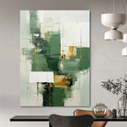 “Green, White, and Gold Abstract” - Cubist Geometric Painting On Canvas PT2292