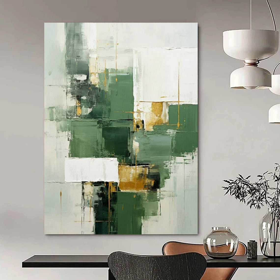 “Green, White, and Gold Abstract” - Cubist Geometric Painting On Canvas PT2292