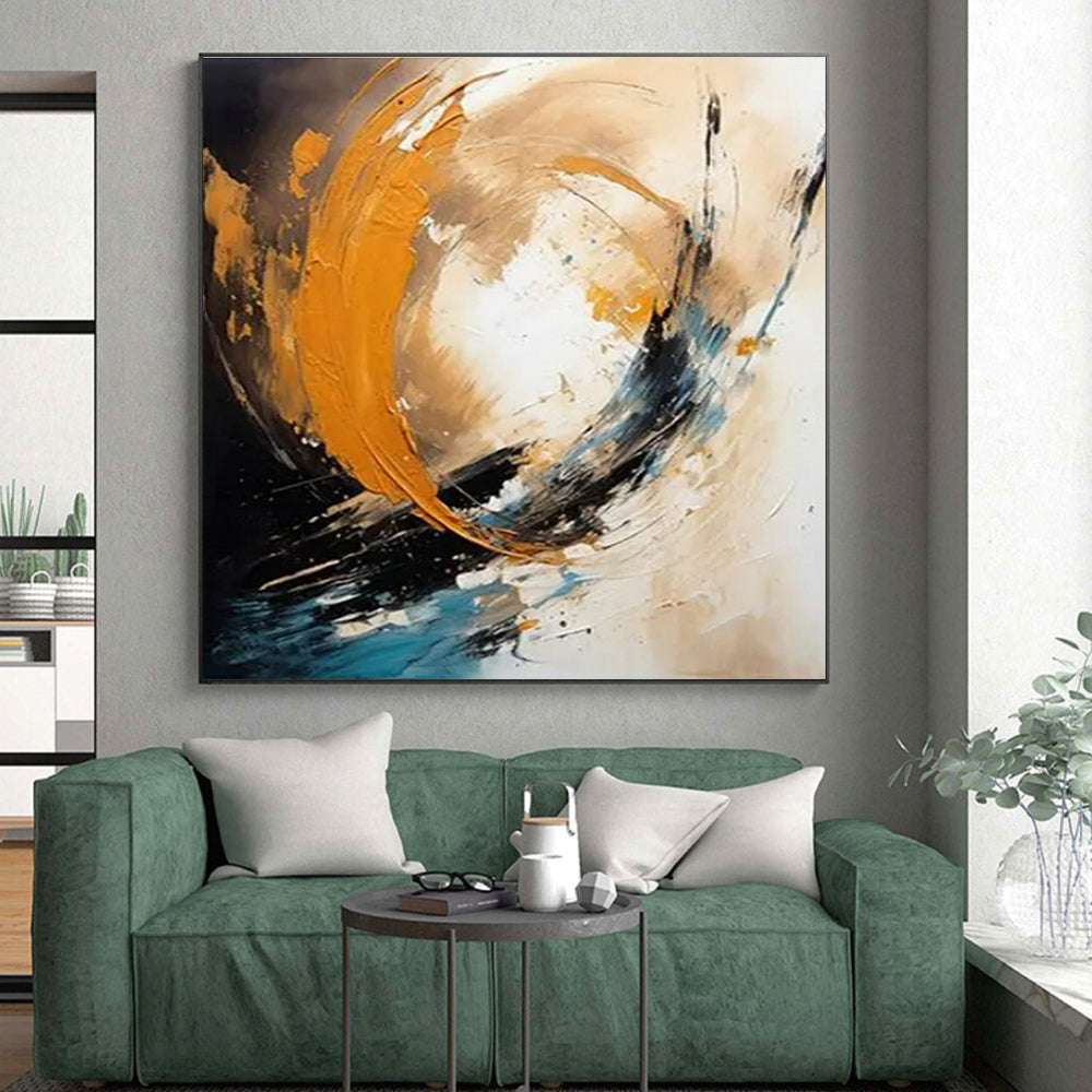 Orange, Blue, Black & Beige Abstract Swirl Painting On Canvas PS0829