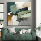 “Green - Neutral Abstract Flow” - Green, Neutral Tones Abstract Expressionist Painting On Canvas PS0737