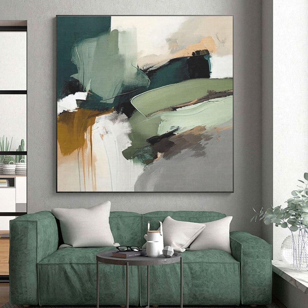 “Green - Neutral Abstract Flow” - Green, Neutral Tones Abstract Expressionist Painting On Canvas PS0737