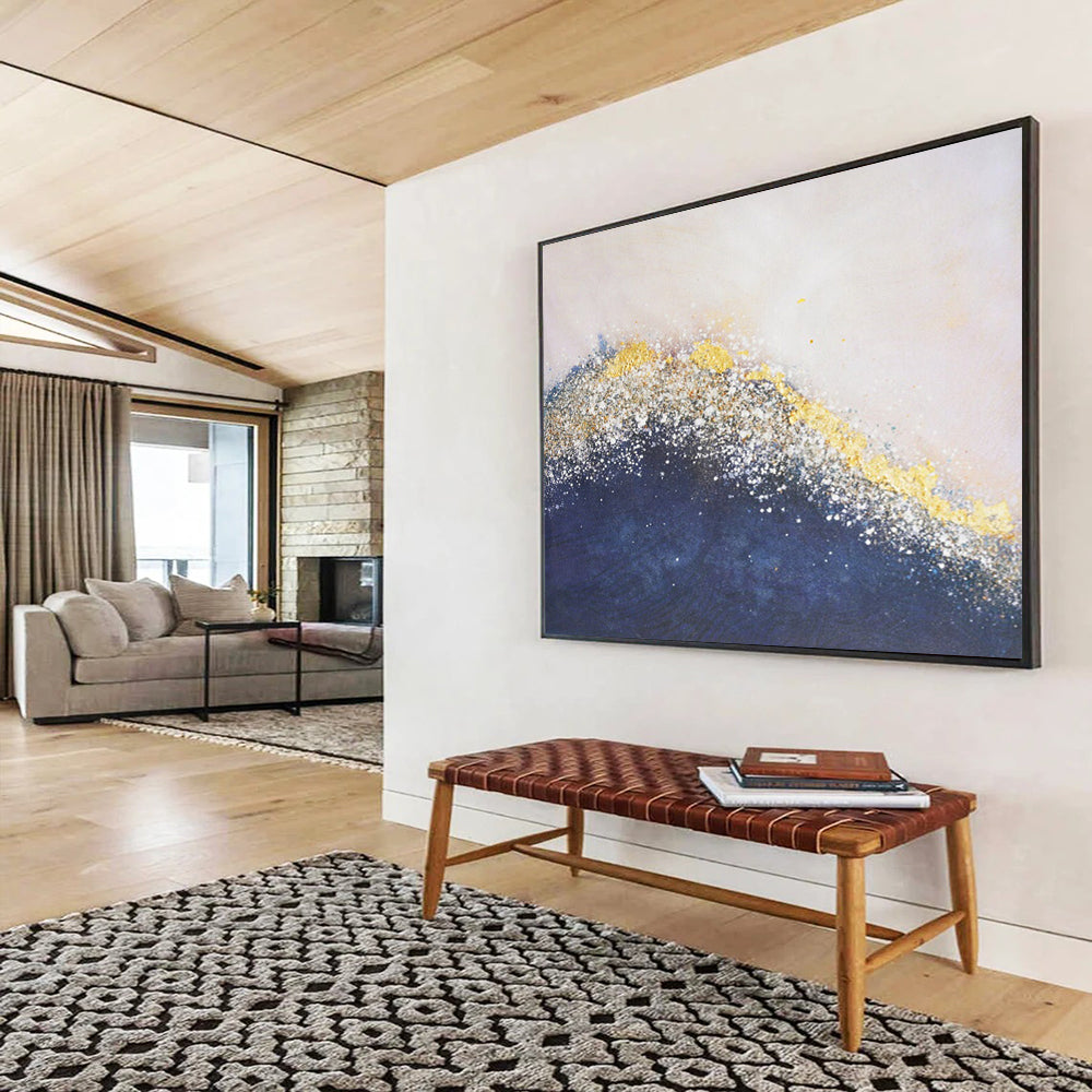 “Blue - Gold Sparkle Wave” - Mixed - Media Abstract Painting On Canvas PT268