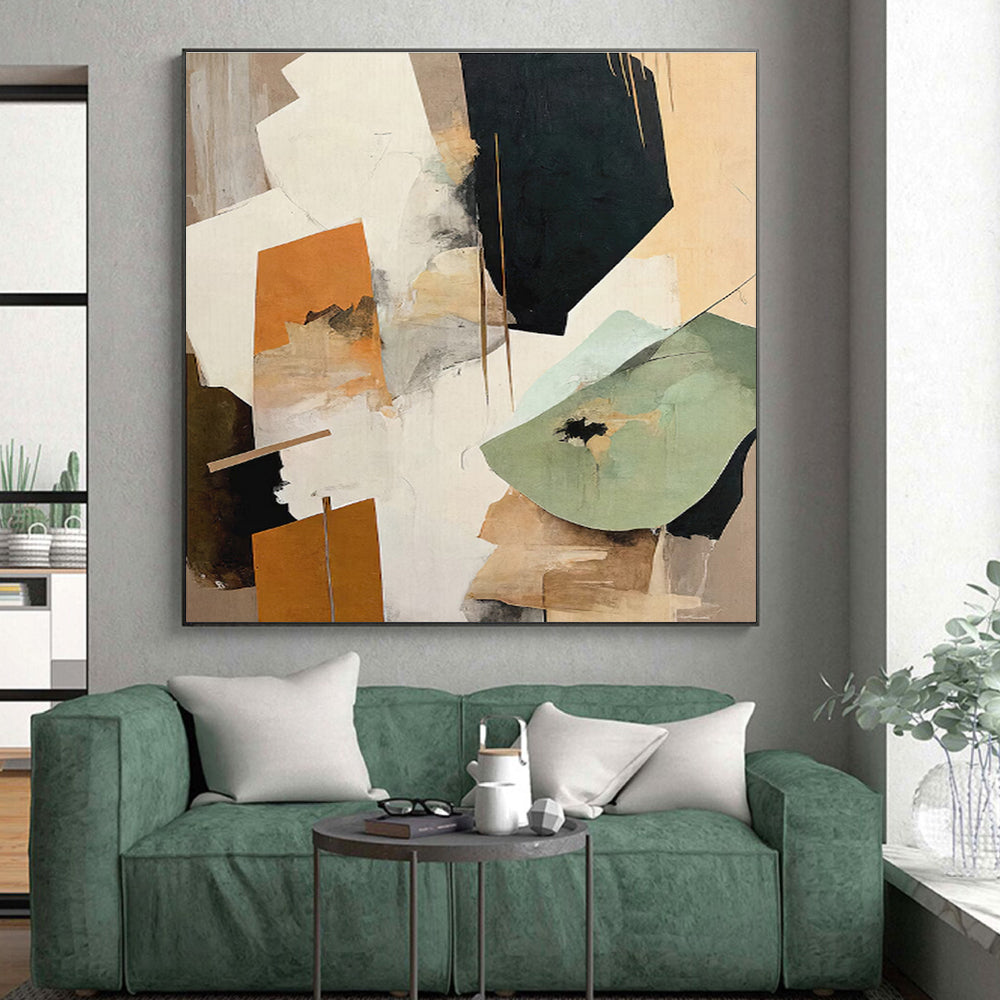 “Orange & Green Abstract Collage” - Orange, Green, Gray, White Abstract Mixed - Media Painting On Canvas PS0756