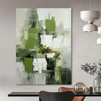 “Green and White Abstract Floral” - Modernist Still - Life Painting On Canvas PT2264