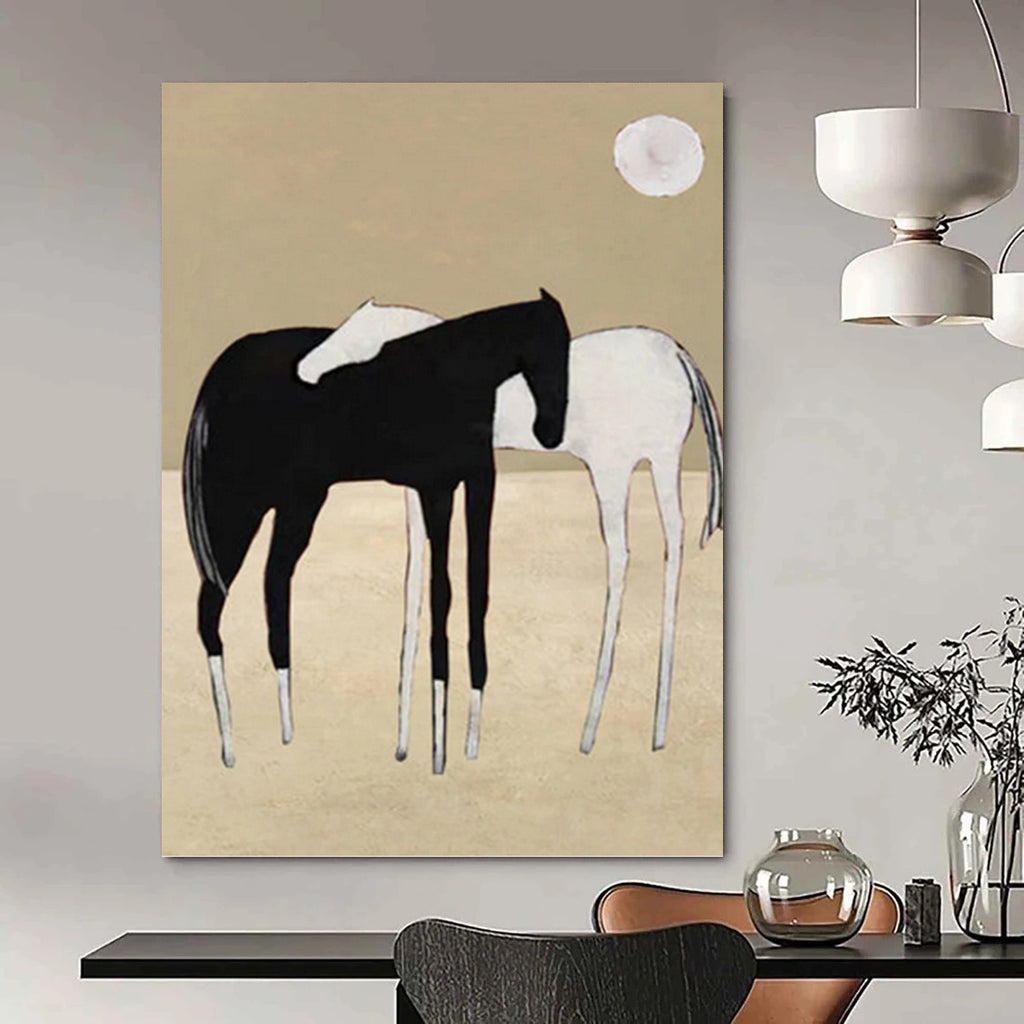 “Minimalist Black & White Horses” - Minimalist - Inspired Animal Painting On Canvas PT1410