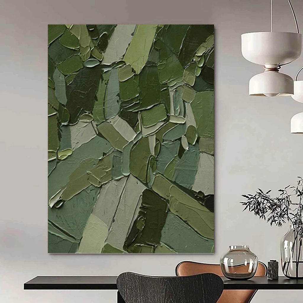 “Green Patchwork Abstract” - Cubist Abstract Painting On Canvas PT1211