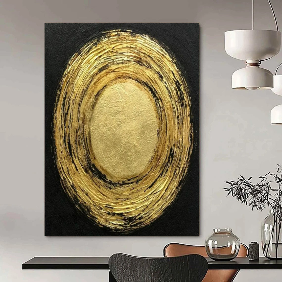 “Gold - Black Circular” - Abstract Minimalist Painting On Canvas PT2330