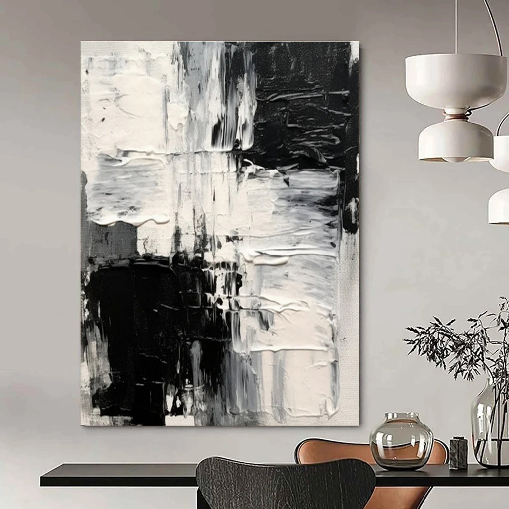 Monochrome Textured Chaos - Black and White Impasto Abstract Painting On Canvas PS1248