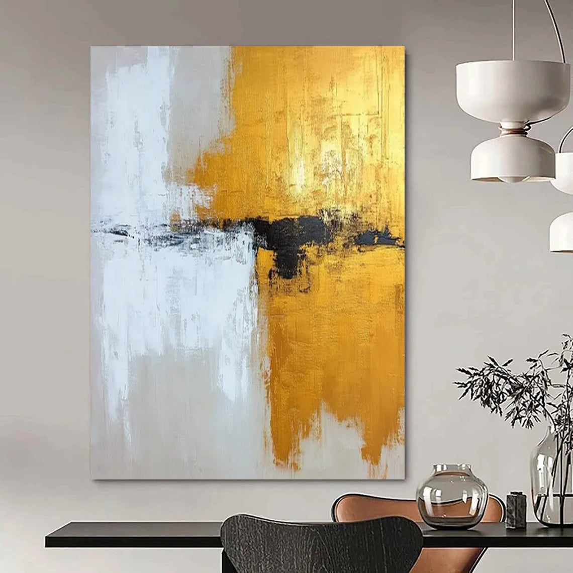 “Gold, White, and Black Abstract Fusion” - Abstract Expressionist Painting On Canvas PT2371