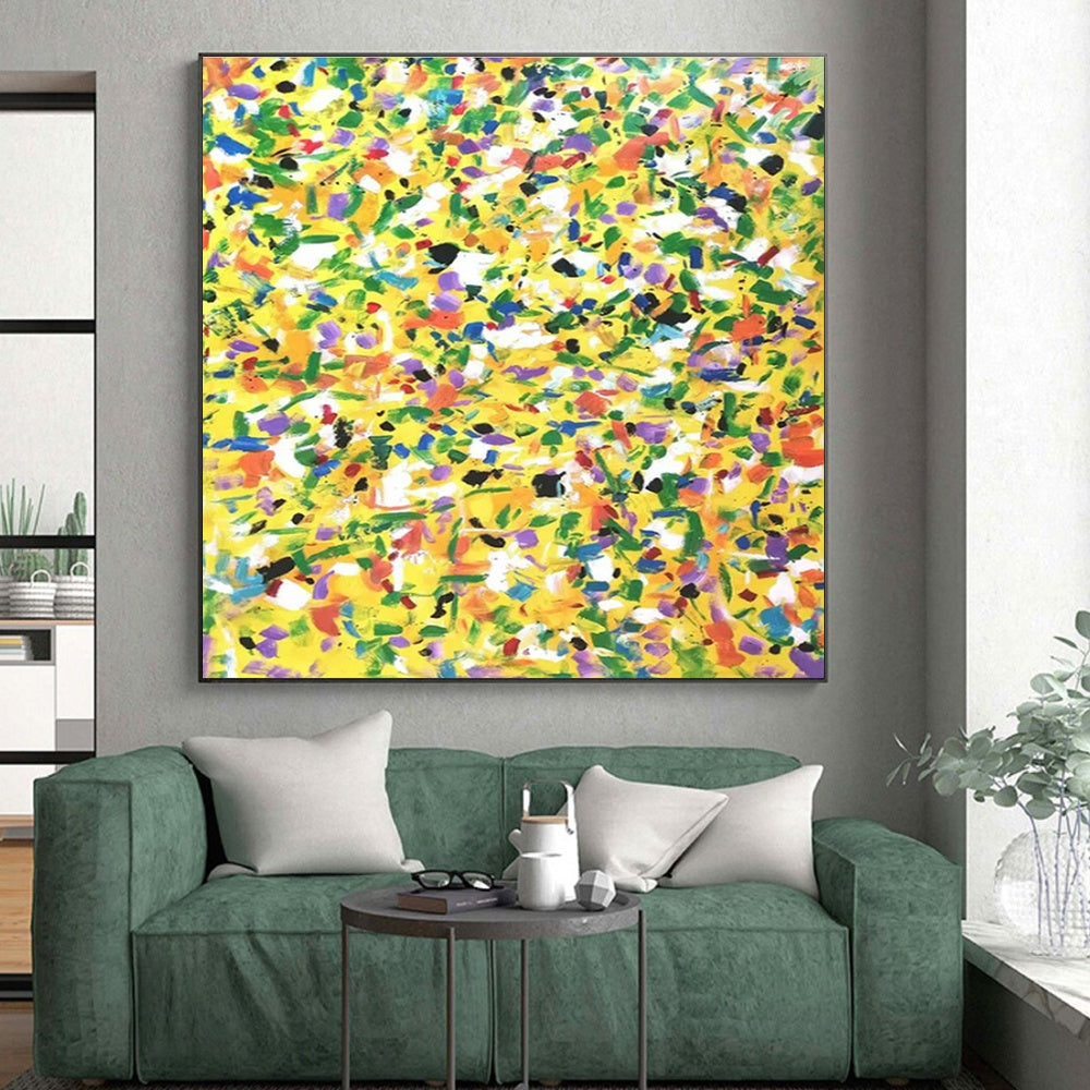 Bright Yellow - Green Dots, "Sunny Meadow" – Pointillist - Inspired Abstract On Canvas PS0901