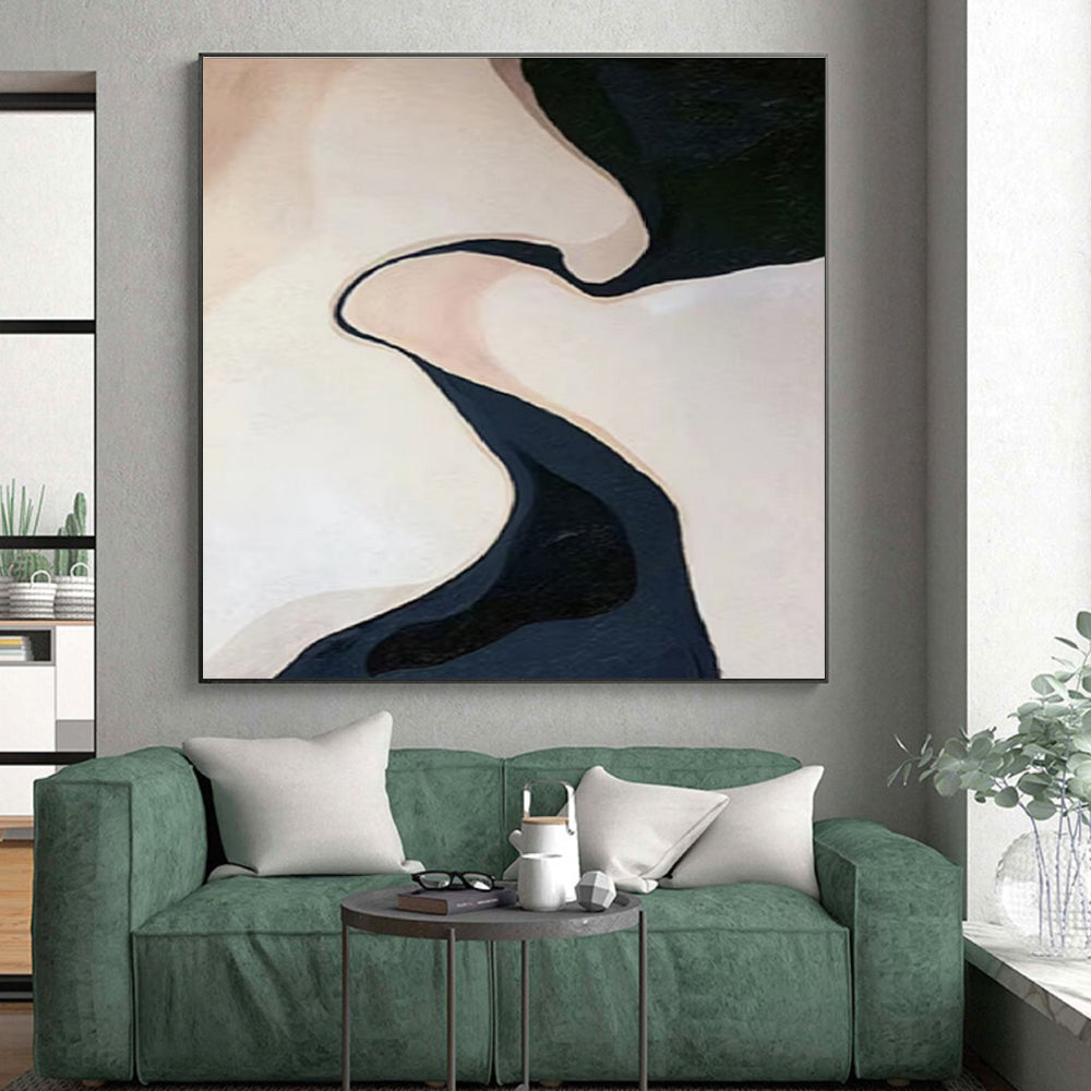 “Meandering Dark River” - Beige, Dark Blue Abstract Landscape Painting On Canvas PS0664