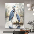 Blue Herons in Misty Marsh, Romanticism like Turner, Wildlife Painting On Canvas PT2129