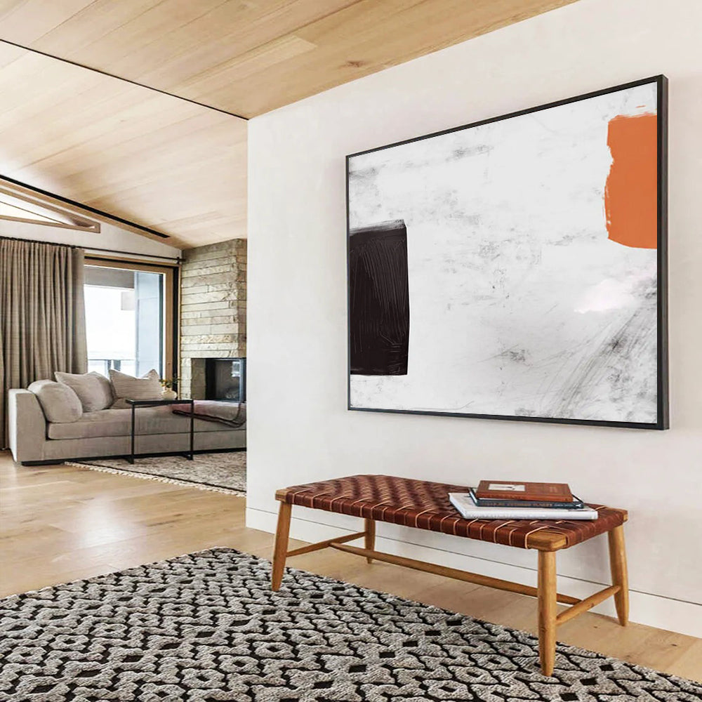 “Minimalist Black, White, and Orange Abstract” - Bold Abstract Painting On Canvas PT146